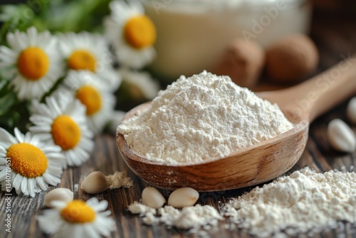Close-up of white powder ingredient in a wooden spoon on a rustic dark background