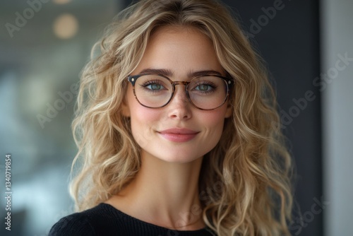 Portrait of beautiful blonde woman with curly hair and fashionable glasses, smiling confidently