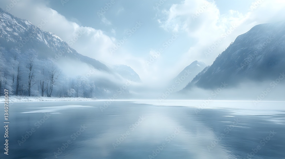 Fototapeta premium Frozen Lake Covered with Snow and Distant Mountains Under Cloudy Sky – Generative AI