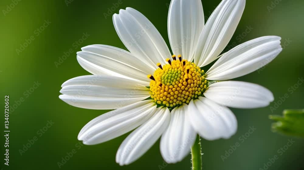 A white flower with yellow centers sits in a green background A white flower with yellow centers sits in a green background