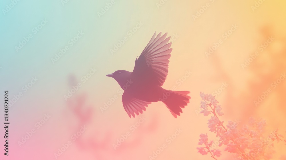 Fototapeta premium Bird in flight, pastel sky, flower field, freedom
