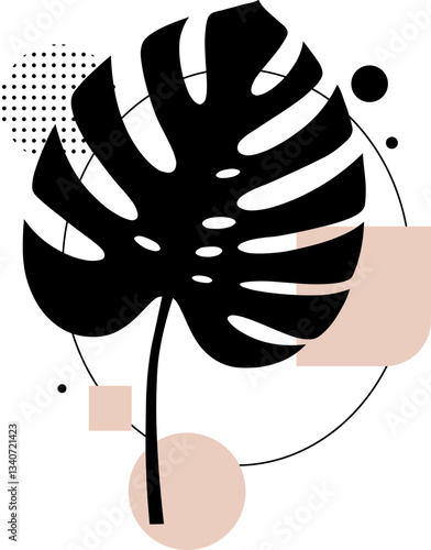 Minimalist illustration of a print with some geometric elements and a Monstera leaf - Adam's Rib