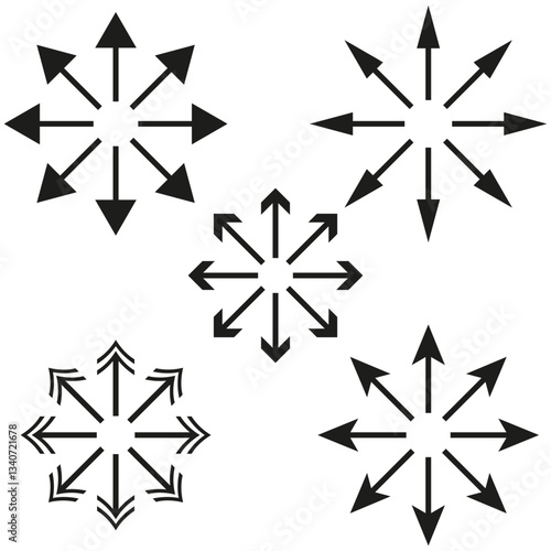 Arrow direction symbol. Expansion movement shape. Outward pointing icon. Black geometric structure.