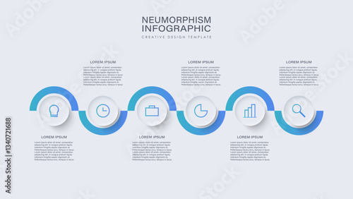 Neumorphism infographics design template with 6 steps and icons