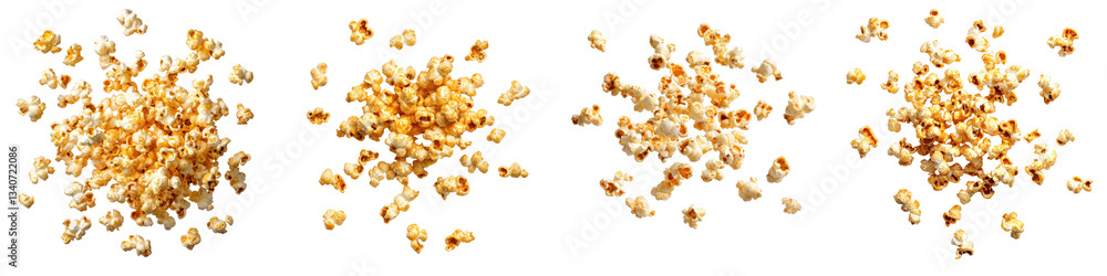 A mouthwatering assortment of freshly popped golden brown popcorn kernels scattered in a casual pile against a clean white studio backdrop A mouthwatering assortment of freshly popped golden brown popcorn kernels scattered in a casual pile against a clean white studio backdrop