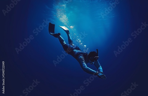 Diver Descending into Deep Blue Ocean Waters