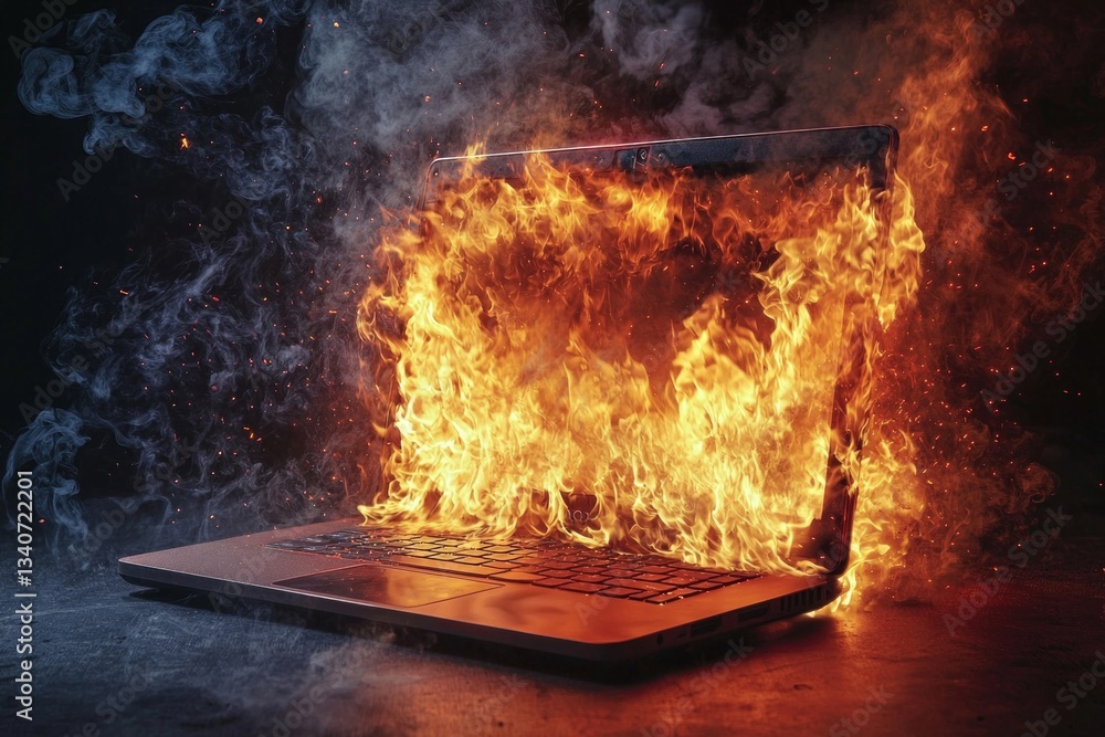 Fototapeta premium A laptop with flames and smoke shooting out. 