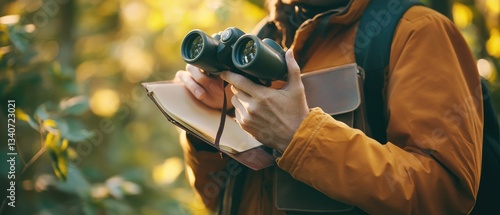 A person holding a book and using binoculars for observation or research