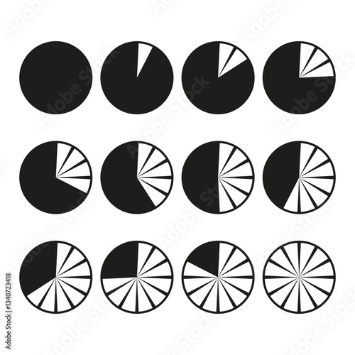 Pie chart icons. Business data visual. Vector statistical analysis. Black simple design.
