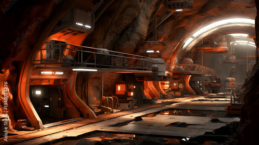 Fototapeta premium Imaginative sci-fi scene depicting a futuristic habitat with unique structures and designs in a rocky terrain environment.