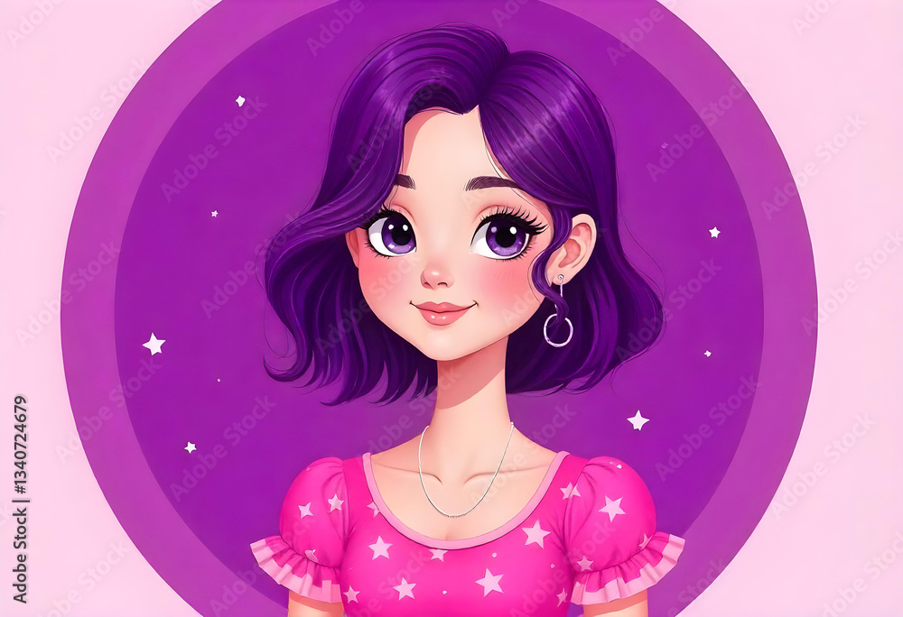 A 17 year old girl caucasian girl with purple hair and fair skin wearing a pink dress with stars A 17 year old girl caucasian girl with purple hair and fair skin wearing a pink dress with stars