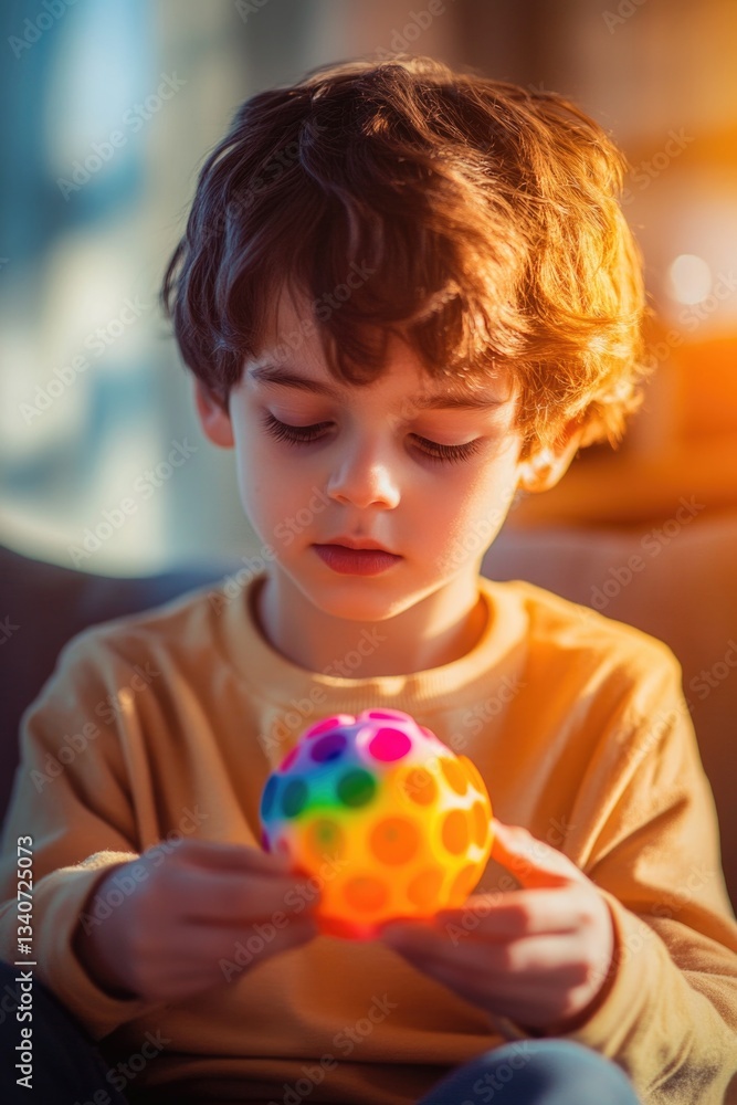 A young boy holds a colorful object in his hands, suitable for a children's party or creative play A young boy holds a colorful object in his hands, suitable for a children's party or creative play