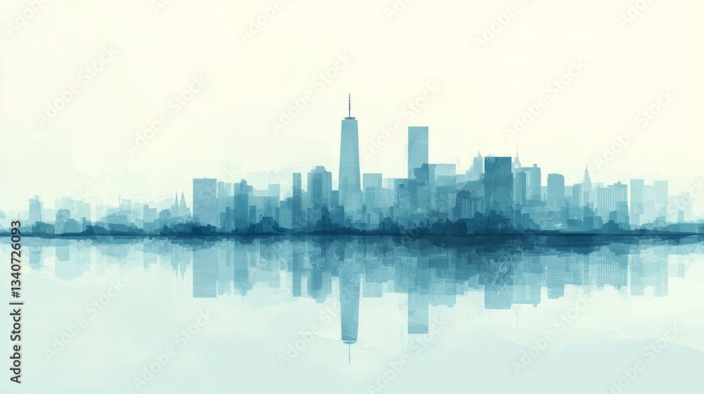 Naklejka premium Blue City Skyline Watercolor Painting