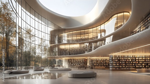 Visually Striking Modern Library with Unique Architectural Elements – Generative AI