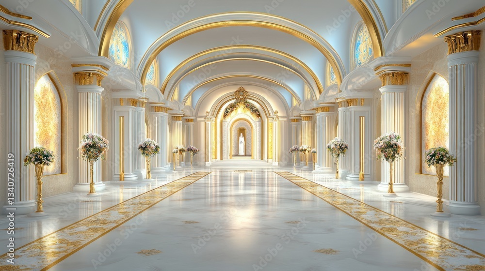 Fototapeta premium Grand Palace Hallway: Opulent Design, Golden Accents, and Marble Floors