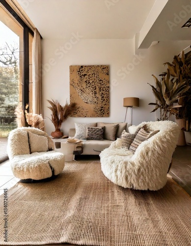 A modern living space featuring off-white boucle chairs and soft stone-inspired decor. 