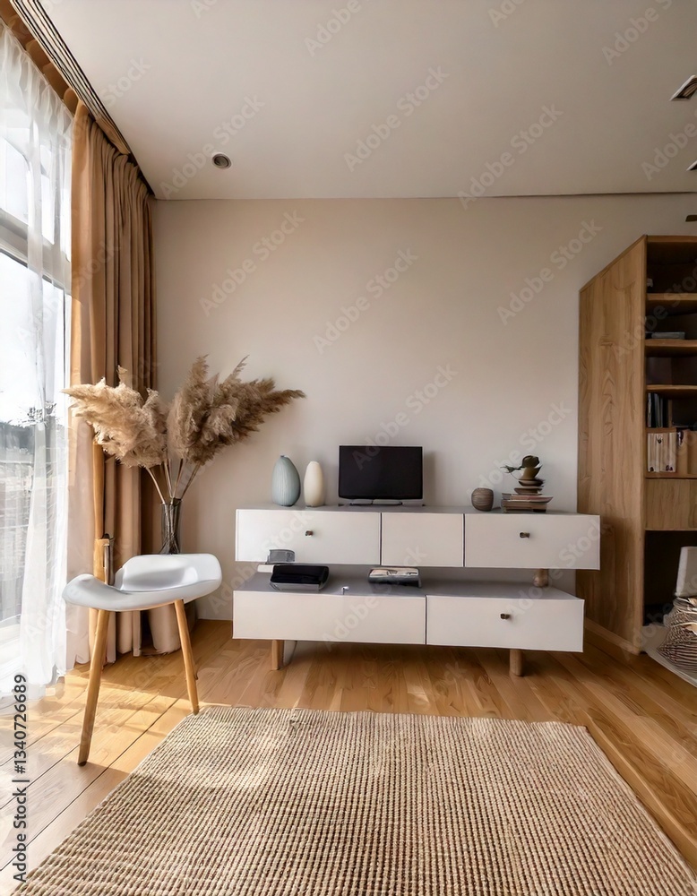 Fototapeta premium A modern minimalist room with a floating off-white media console and soft taupe furniture.
