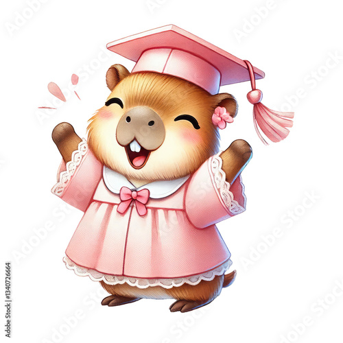 A cheerful animal in a pink graduation gown and cap, celebrating a significant achievement with a big smile and raised hands.