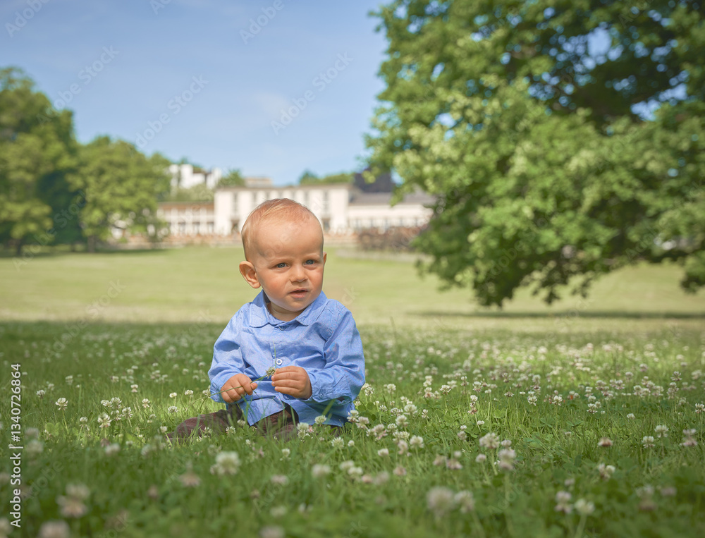 boy up to one year old European appearance blue eyes sits in the summer on a green meadow with small white flowers and wearing a blue shirt boy up to one year old European appearance blue eyes sits in the summer on a green meadow with small white flowers and wearing a blue shirt