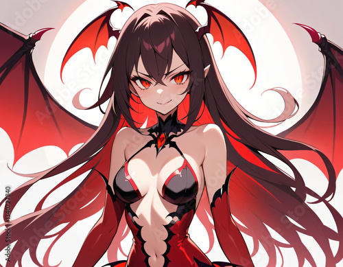 A breathtaking anime succubus with long, flowing dark hair and glowing red eyes photo