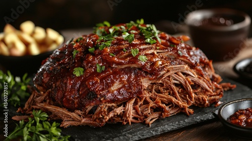 A delicious serving of smoky pulled pork displayed generously with ample copy space available for text or design use