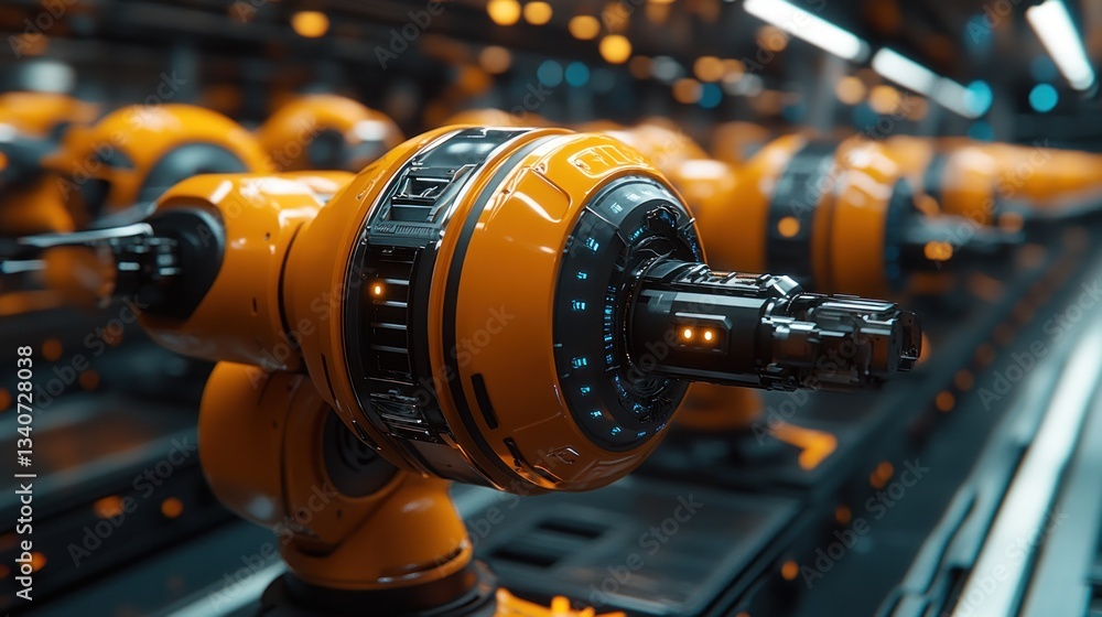 Fototapeta premium Futuristic Orange Robotic Arm Assembly Line: Advanced Technology and Automation in Manufacturing