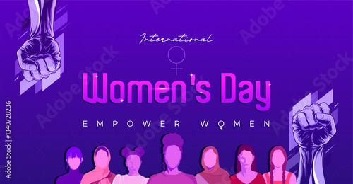 Celebrate International Women's Day with this powerful vector illustration featuring raised fists, diverse women, and bold typography. Perfect for social media, campaigns, and awareness events