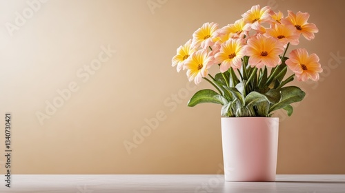 Wallpaper Mural Vase of flowers sits on a table. The flowers are yellow and pink and are arranged in a way that makes them look like they are in a bouquet. The vase is white and sits on a wooden table Torontodigital.ca