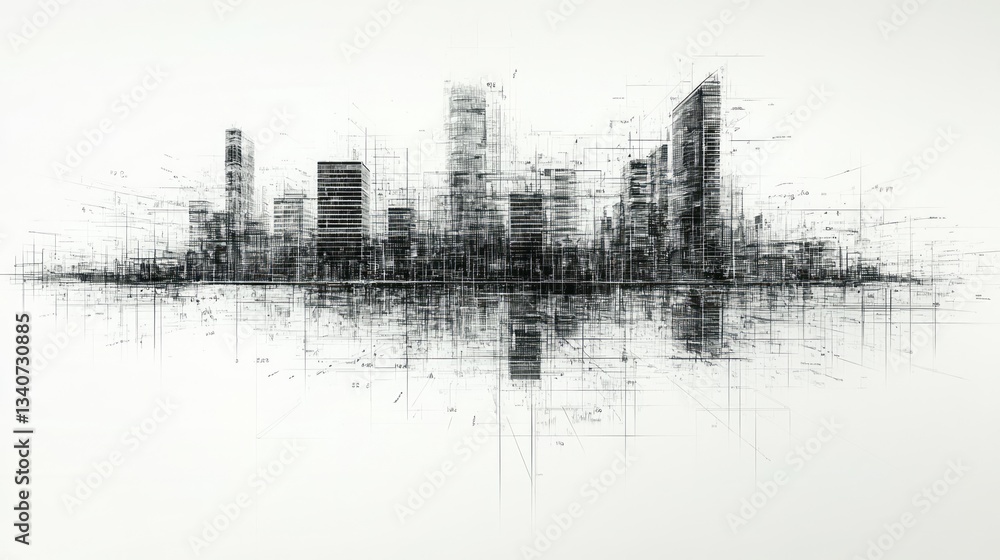 An artistic rendering of a city skyline at dusk