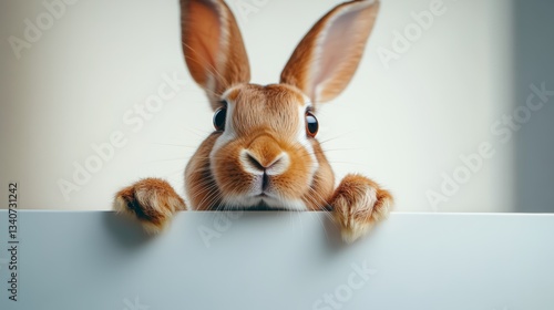 Rabbit is looking at the camera with its nose on a white board. The rabbit is curious and interested in the camera