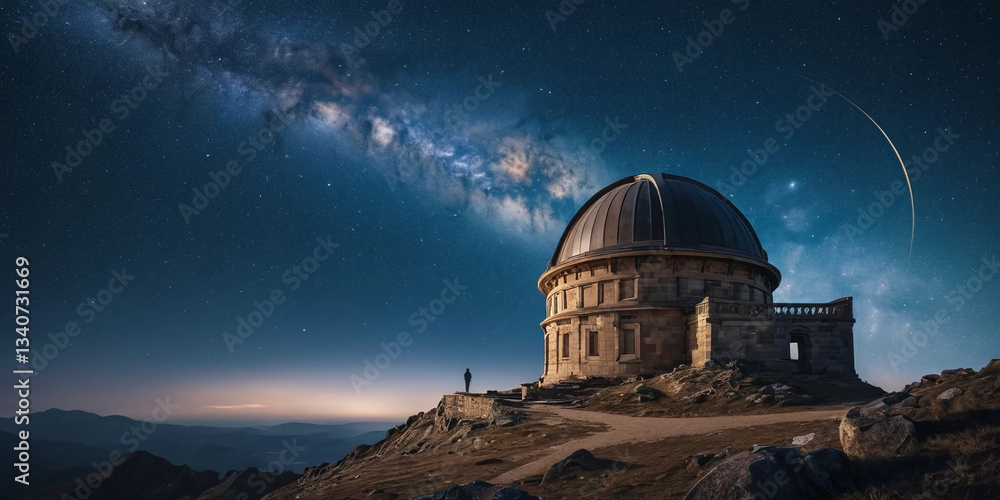 A highly detailed, ancient celestial observatory perched on a mountain peak under a starry night sky. The observatory is a grand structure made of stone, with a large, domed roof that opens to reveal A highly detailed, ancient celestial observatory perched on a mountain peak under a starry night sky. The observatory is a grand structure made of stone, with a large, domed roof that opens to reveal