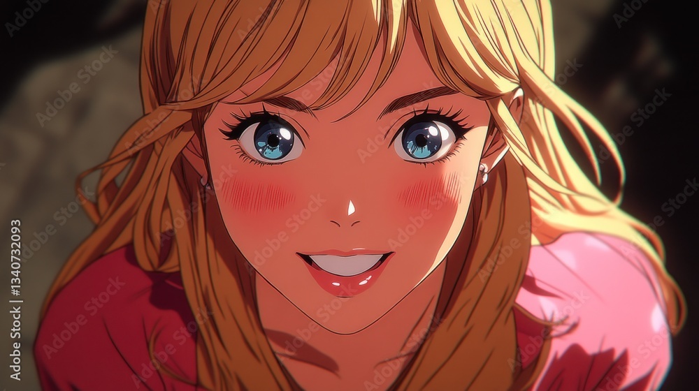 Obraz premium Anime Girl Close Up: Blonde Beauty with Rosy Cheeks