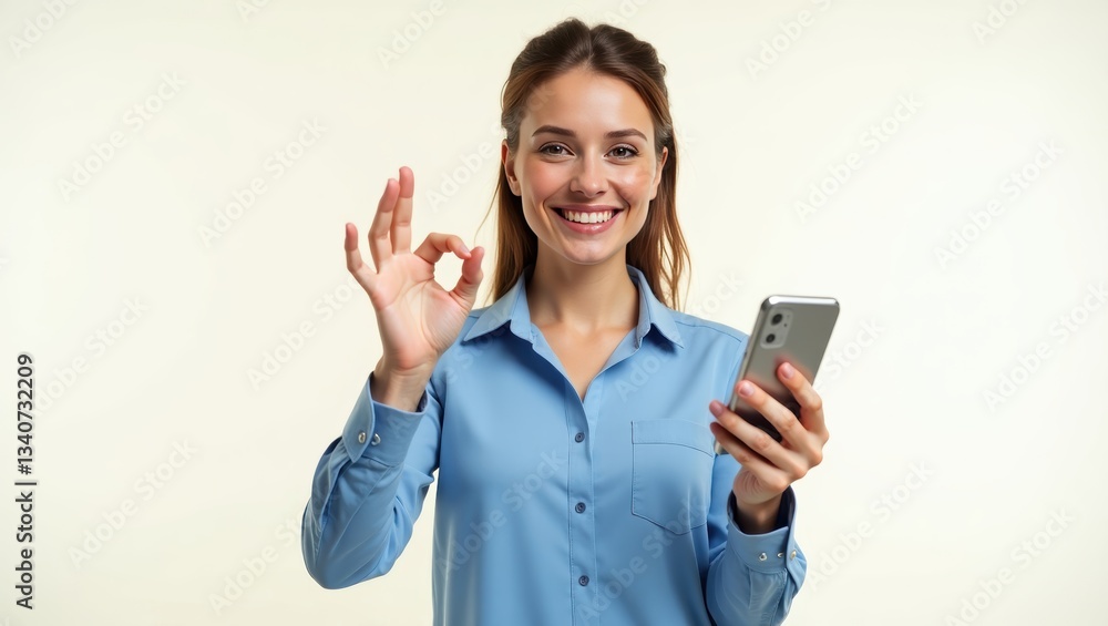 Smiling young woman holding smartphone and showing OK gesture, positive approval sign, satisfied with online content or mobile app, studio portrait on light background Smiling young woman holding smartphone and showing OK gesture, positive approval sign, satisfied with online content or mobile app, studio portrait on light background
