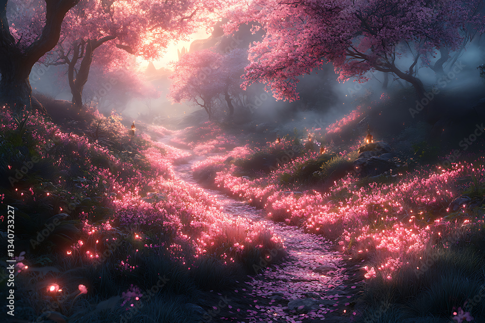 Fototapeta premium Winding Path Through a Forest with Pink Flowers and Sunlight