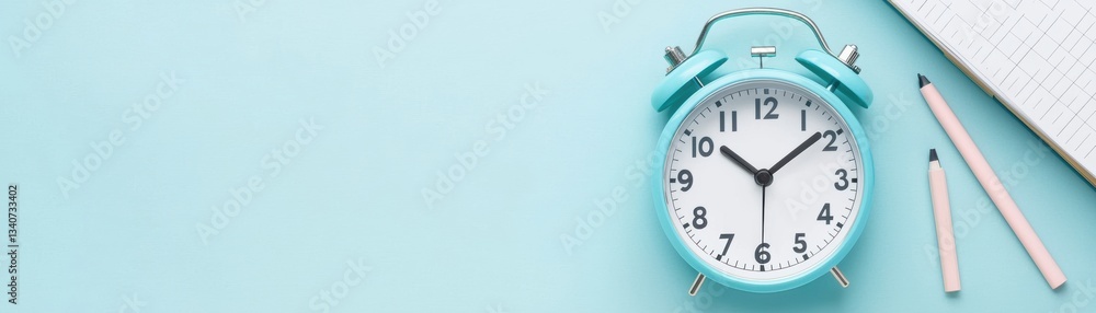 pastel blue alarm clock with pink pencils and notebook on light blue background, evoking productivity pastel blue alarm clock with pink pencils and notebook on light blue background, evoking productivity