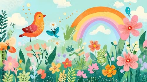 Vibrant spring clipart rainbows fresh flowers chirping birds and lush green grass for gardening or holiday themes