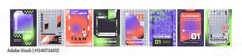 Set of sports trading card templates. Different designs of badge of basketball, football players, sportsmen with photo frame and information about team, athlete, game. Flat vector illustrations