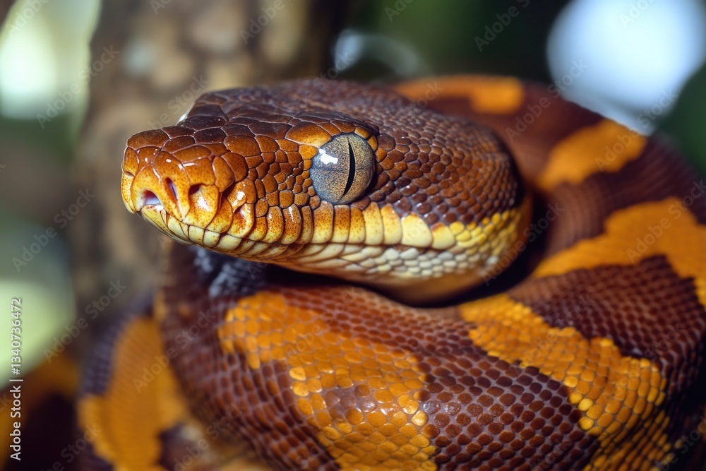 A close-up shot of a snake curled around a tree branch, with details visible in its scales and eyes A close-up shot of a snake curled around a tree branch, with details visible in its scales and eyes