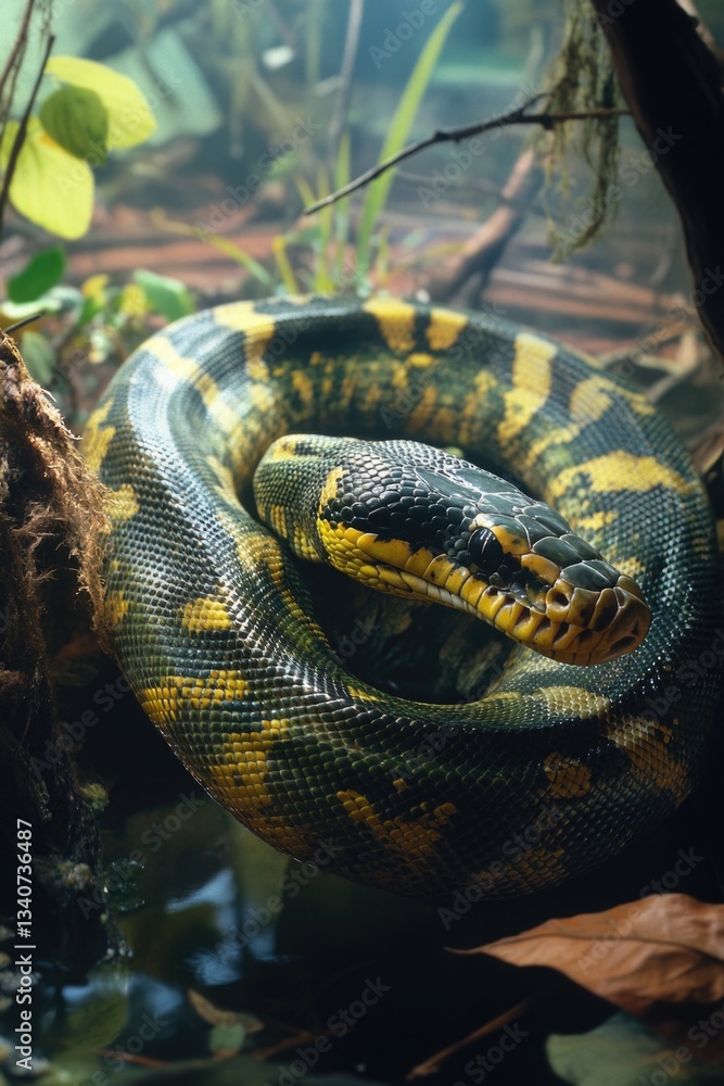 A large snake coiled around a tree branch, ready to strike A large snake coiled around a tree branch, ready to strike