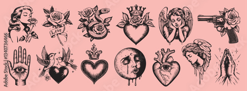 Vintage tattoo designs collection, element vector set