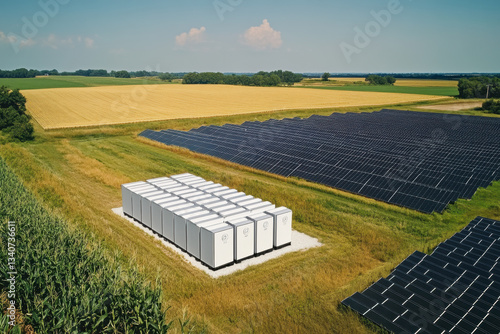 A network of battery storage units operates off-grid alongside expansive solar panels in a remote agricultural setting