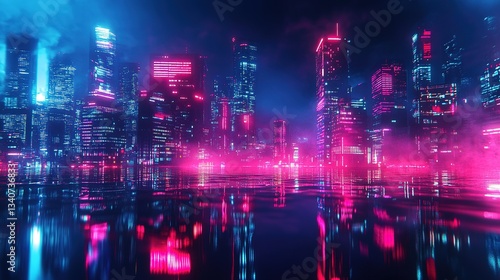 Futuristic cyberpunk city skyline reflecting at night with pink and blue neon lights. Ai generative