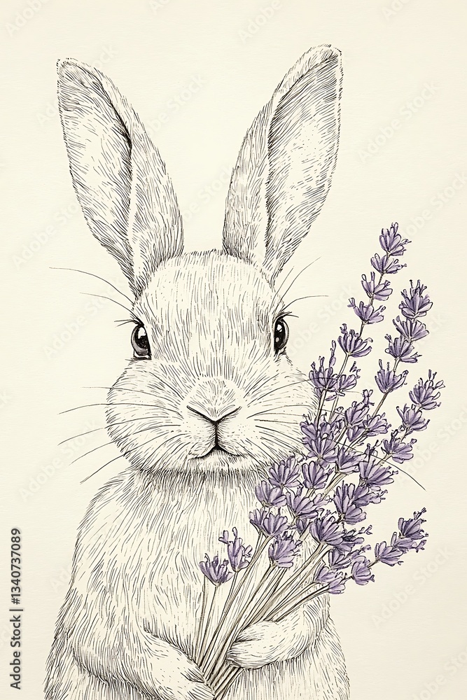 Obraz premium Lighthearted rabbit drawing, half-filled with soft lavender, simplistic art