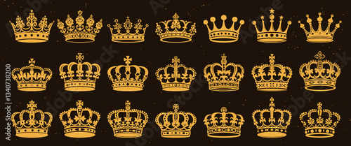 Elegant gold crown collection isolated illustration, vector set