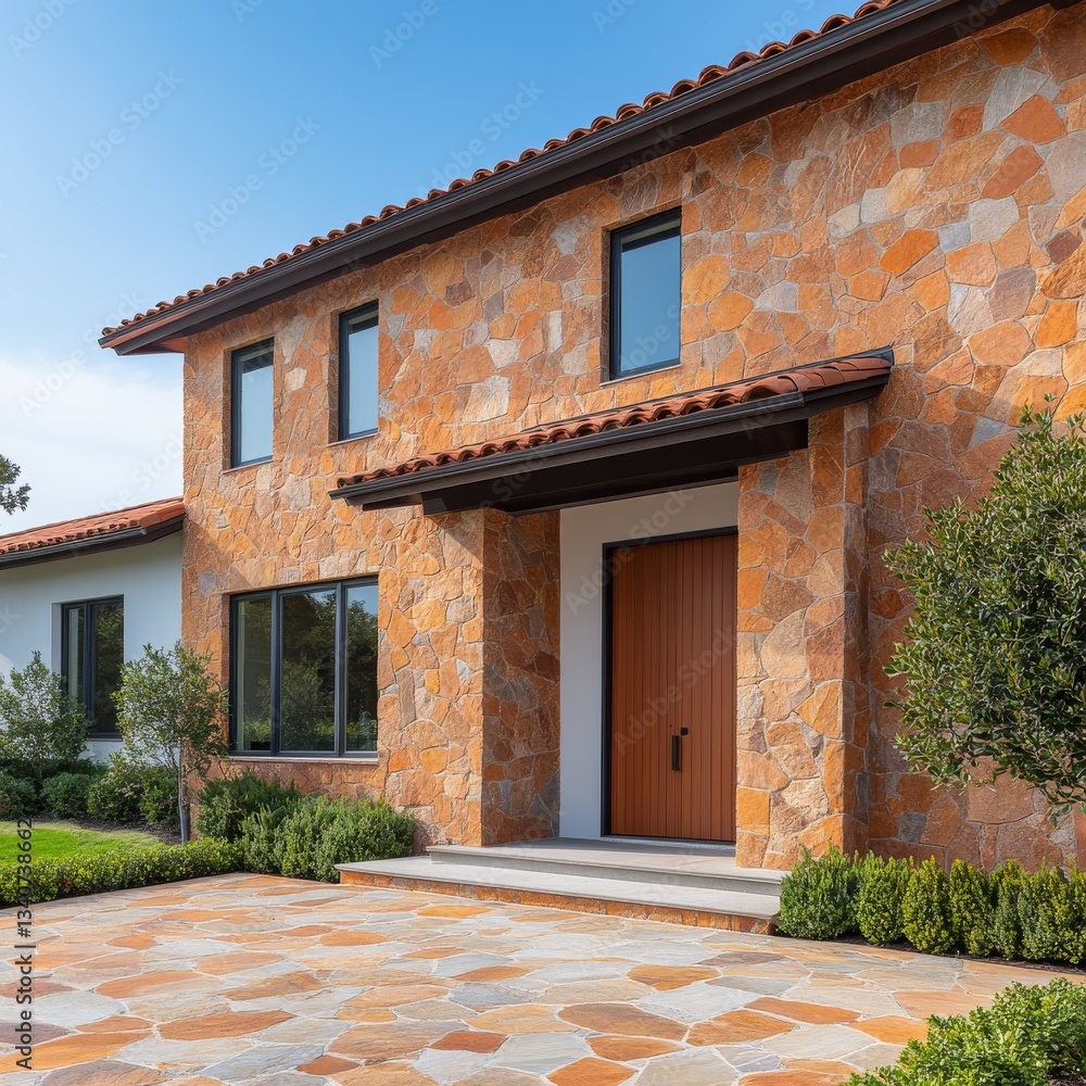 Warm terracotta-colored stone cladding, Mediterranean-inspired architecture Warm terracotta-colored stone cladding, Mediterranean-inspired architecture