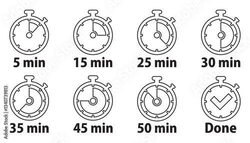Timer, clock, stopwatch isolated set icons. Countdown timer symbol icon set. Label cooking time. Vector illustration.  Line Art.