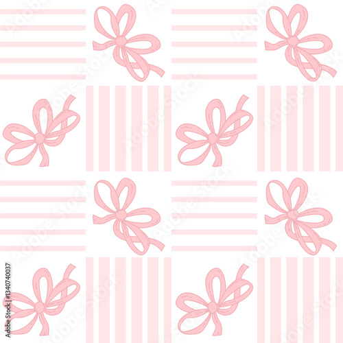 Vintage Coquette aesthetic pink ribbon bow in frame seamless pattern on cell white background. Trendy flirty patterned template. Vector illustration. Tartan check for textile, wallpaper, design
