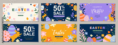 Happy Easter Set of Sale promotions, social media, greeting cards, posters, holiday covers. Trendy design with typography, hand drawn flowers, eggs and bunny, in vibrant colors. Vector background.