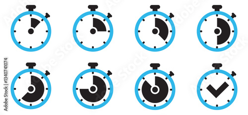 Set of timer icons, clock symbols, stopwatch signs. Cooking time icons. Five, ten, twenty, thirty, forty, fifty minutes interval. Time interval. Vector illustration.