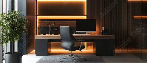 Fototapeta Naklejka Na Ścianę i Meble -  A modern office space with a desk, computer, and a small plant